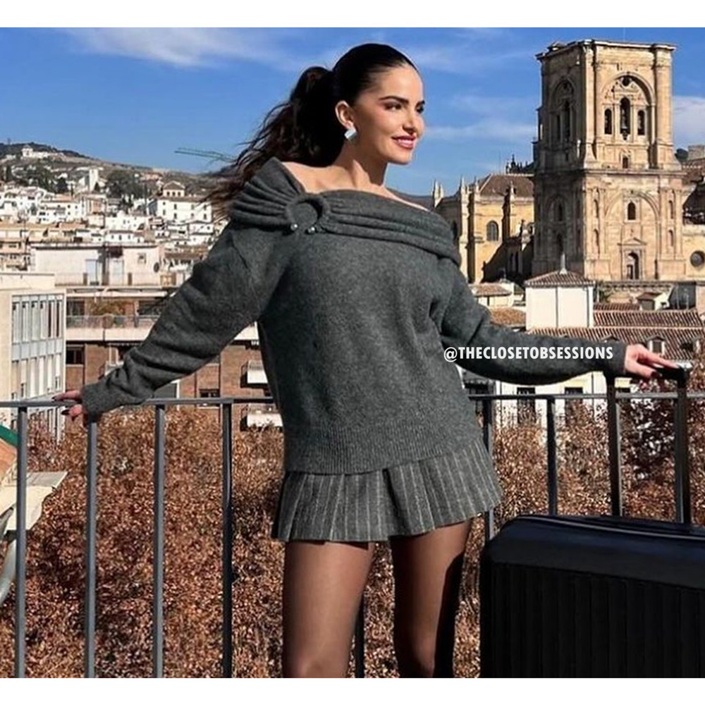 ZARA Bardot Off Shoulder Knit Sweater NWT Gray Foldover Neck Pearl Detail M - Picture 12 of 16